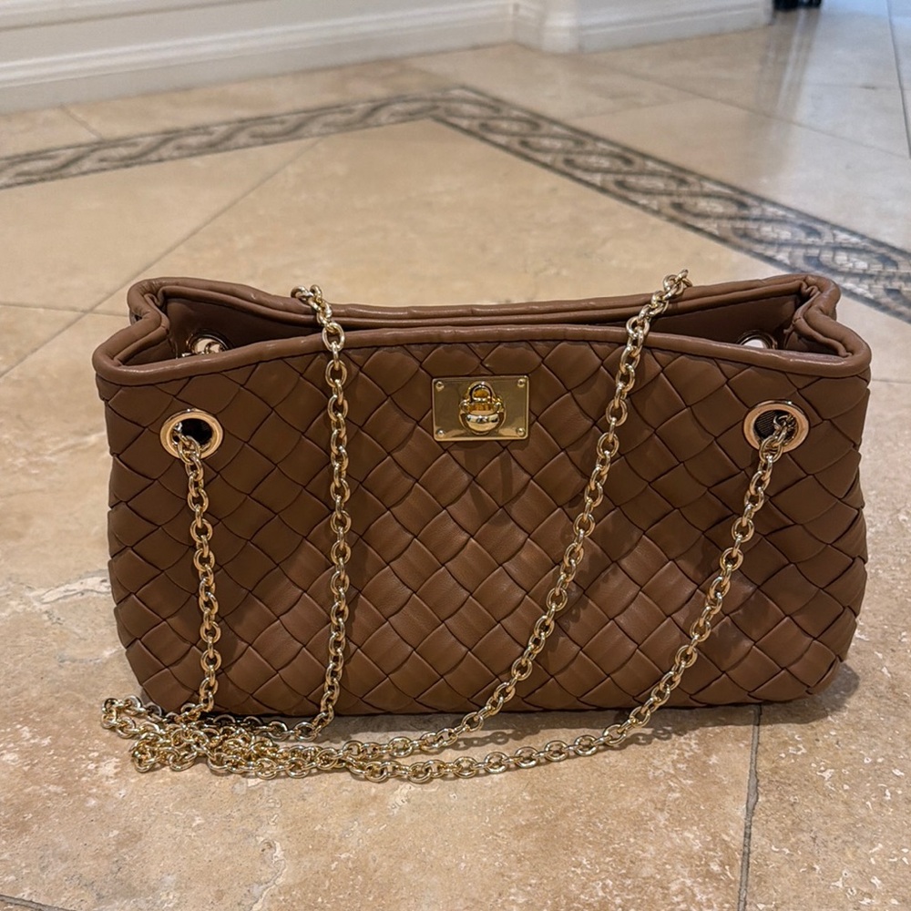 Woven Leather Shoulder Bag in Brown with Gold Chain